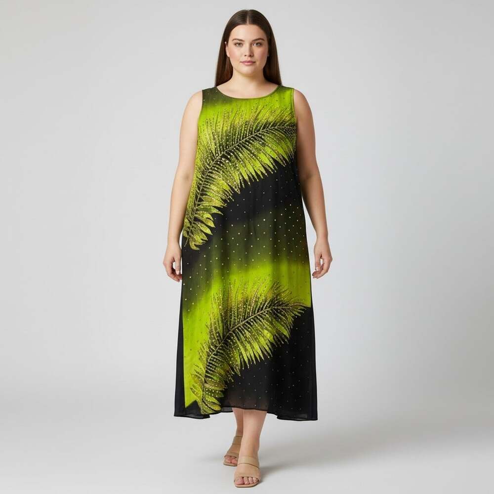 Vintage Diane Gilman 100% Silk Palm Sequin Maxi Dress 1X Black Lime Ombre